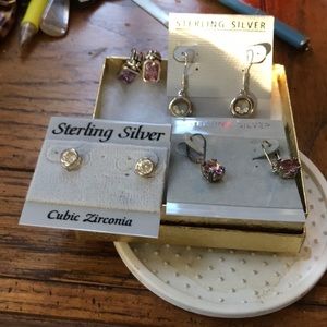 Earrings. Various sterling with clear and pink set